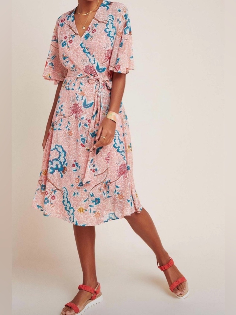 Maeve Pink Floral Wrap Midi Dress with Blue Accents